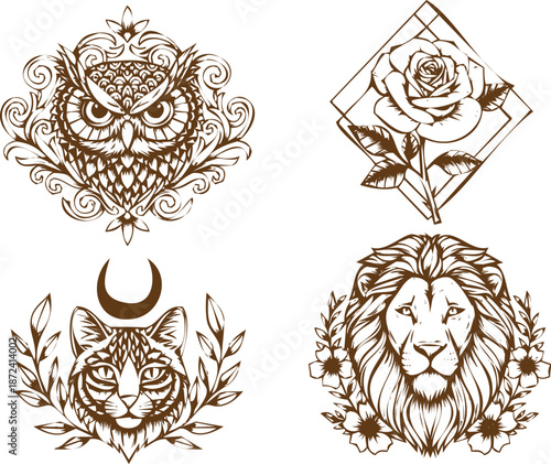 An engraving art set of four ornate vintage style line art illustrations owl, rose in diamond, cat with crescent moon, and lion head with flowers