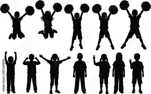 Children silhouette cheerleading poses, energetic kids, peace sign, playful youth, pom-poms, teamwork, fun activity, black figures, motion, celebration