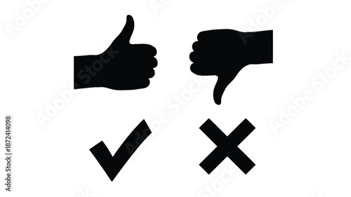 Thumbs up thumbs down checkmark and cross symbols in black silhouette