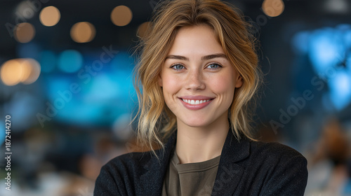 Confident Young Woman Smiling Indoors: Vibrant Professional Portrait Showcasing Modern Style and Authentic Social Interaction