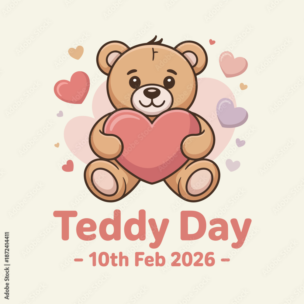 Fototapeta premium Brown teddy bear holding a large red heart with floating hearts around it and text about Teddy Day