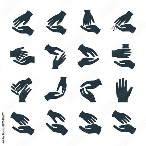 Sixteen black hand arranged in a grid showing various hand gestures and positions