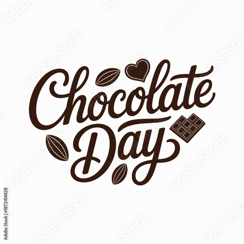Chocolate Day written in brown cursive with cocoa beans and heart
