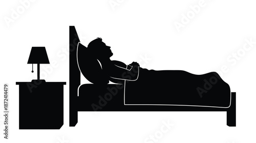 A person sleeping peacefully in bed bedside lamp simple design silhouette