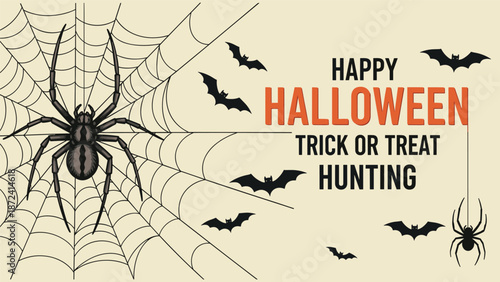 Spooky Halloween poster featuring a large spider on a web, flying bats, and festive greeting text on a light background.