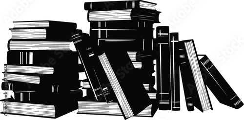 Book stack silhouette illustration, vertical and horizontal arrangements, black vector design, editable icon, isolated academic and library symbol