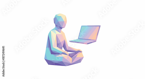 Abstract low-poly figure meditating with a laptop, symbolizing digital mindfulness and technology balance