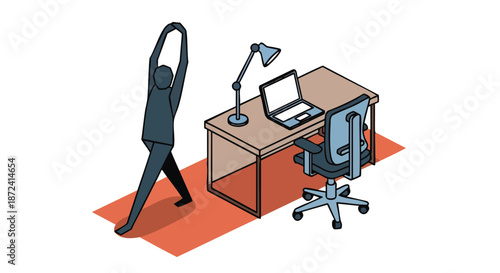 Person stretching next to a desk with a laptop, promoting a healthy work-life balance and well-being.