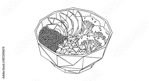 Geometric bowl with healthy ingredients like avocado, broccoli, and grains, line art illustration