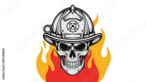 Edgy skull character wearing a classic firefighter helmet in front of vibrant orange and red burning flames.