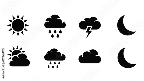 Weather icons displaying sun rain storm and moon in dark silhouette