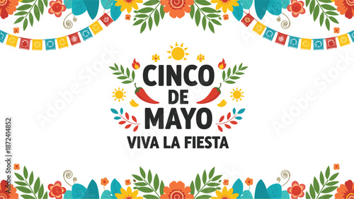 Colorful Cinco de Mayo greeting banner with Mexican flags, flowers, chili peppers, and festive text for the celebration.