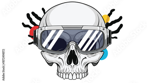 Human skull character wearing high-tech futuristic goggles or a visor with abstract colorful dots in the background.