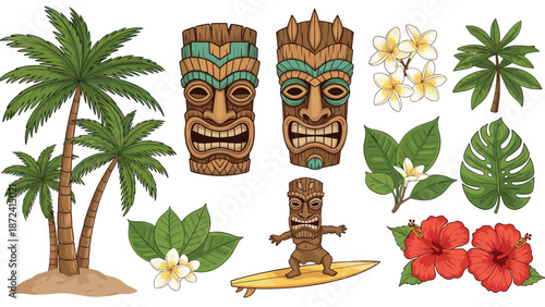 Vibrant collection of tropical tiki elements including wooden masks, palm trees, hibiscus flowers, and a surfing tiki character.