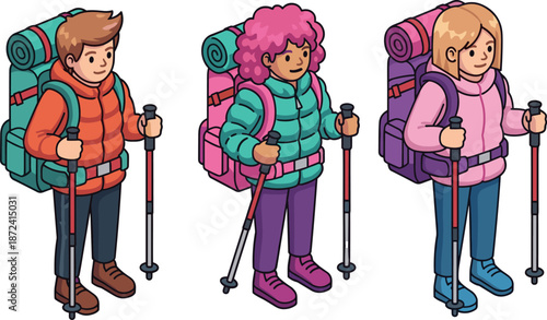 Cartoon hiker trio with diverse gear and outfits, outdoor adventure illustration, camping preparation, trekking character design