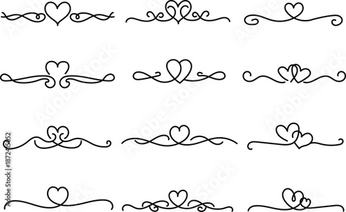 Hand drawn black heart dividers and decorative swirl borders set for wedding and valentine design