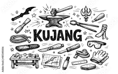 Blacksmithing tools and Kujang weapon illustration in a doodle art style