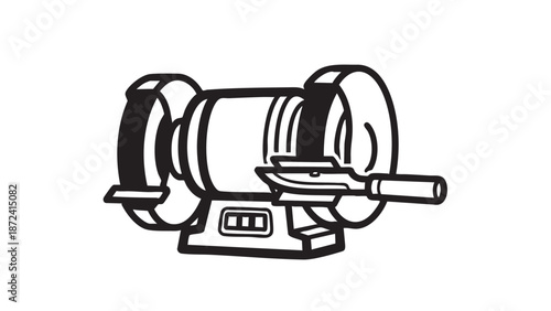 A bench grinder is positioned on a workbench for sharpening tools and polishing metal objects in a workshop environment viewed from the side.