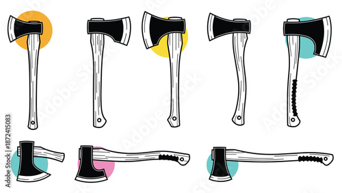 Collection of various axes and hatchets with wooden handles shown in different angles and positions on white background.