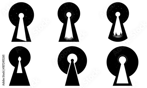 Keyhole silhouettes with various nighttime scenes on white background night sky stars