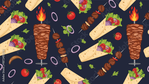 Tasty seamless pattern featuring rotating kebabs on fire, shawarma wraps, skewers of meat, and fresh vegetables.
