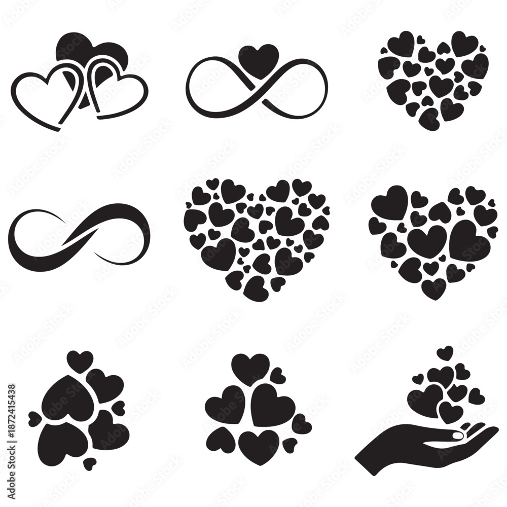 Fototapeta premium Unique Romantic Heart Silhouette Set with Infinity for Wedding