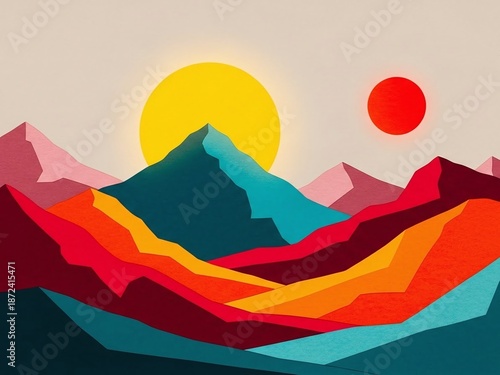 Vibrant mountain landscape with colorful sun and moon