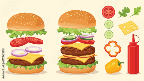 Exploding double cheeseburger with floating layers of buns, beef patties, cheese, vegetables, and separate fresh ingredients.