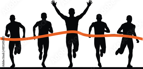 Silhouette group of runners crossing finish line in competitive race with winning athlete celebrating victory in dynamic sports action