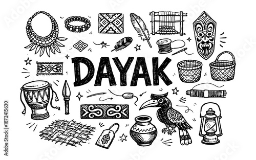 Dayak cultural elements and symbols hand-drawn illustration with traditional artifacts