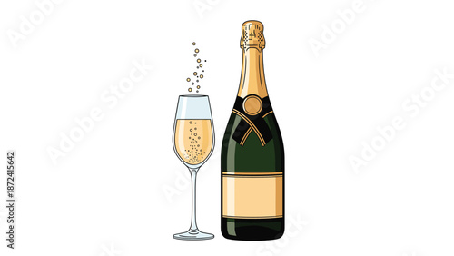 Elegant bottle of champagne with a gold foil top next to a glass filled with sparkling bubbly wine on a white background.