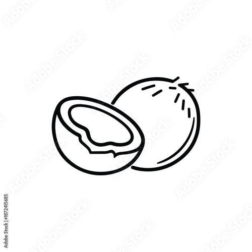 Simple black and white line art icon of a whole coconut and a half coconut