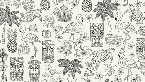 Detailed seamless pattern featuring tiki masks, flamingos, palm trees, pineapples, sea turtles, and hibiscus flowers in line art.