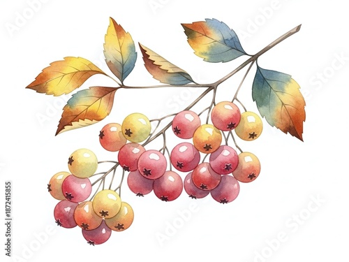 Watercolor illustration of a branch with colorful berries and leaves isolated on white background