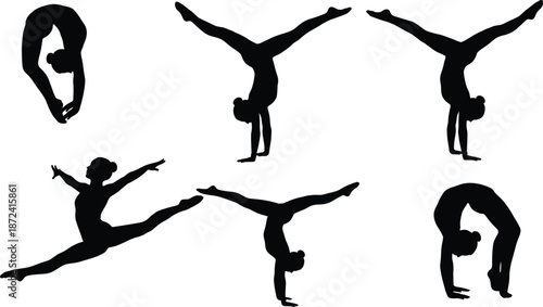 Silhouettes of female gymnast performing acrobatic poses, handstands, splits and backbends, showing flexibility, balance, strength and gymnastics athletic performance