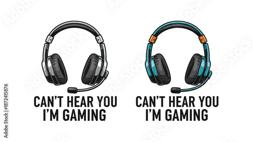 Pair of professional gaming headphones with a microphone in two color versions, black and blue, with funny gaming text.
