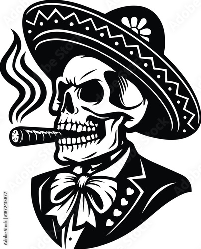 Mariachi Skeleton Smoking Cigar - Day of the Dead Band Member - Sugar Skull Guitarist Design - Dia de Muertos Bandit - Mexican Folk Art Calavera