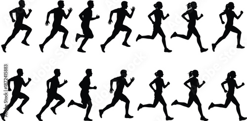 Silhouette sequence of men and women running in motion, sports training and fitness jogging illustration on white background for athletics concepts