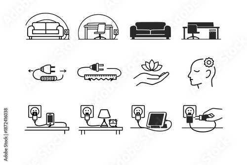 Furniture use zones power sofa minimalist planning logic reach vector icon cue