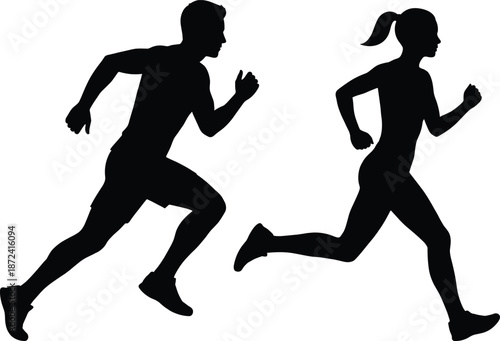 Silhouettes of male and female runners sprinting in motion, showing fitness training, running exercise, sport performance and active lifestyle concepts