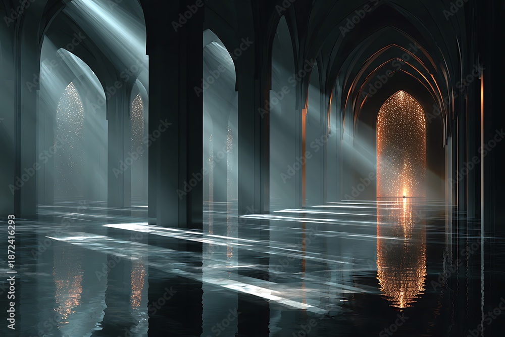 Naklejka premium Mystical interior with arched doorways and shimmering light effects