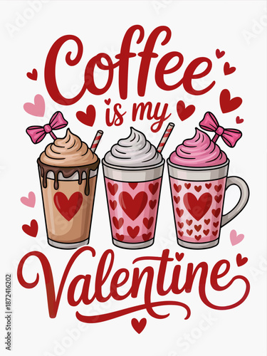 Three cups of coffee with heart designs and phrases celebrate Valentine's theme.