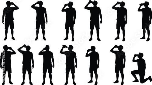 Silhouettes of man drinking from a bottle in various poses, showing hydration, refreshment and lifestyle activity concepts on white background