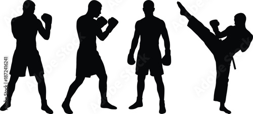 Silhouettes of male fighters practicing boxing stances, punches, and martial arts kicking techniques in dynamic combat sports training illustration