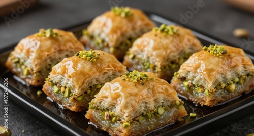 Baklava Dessert with Pistachios on a Black Plate Sweet Treat