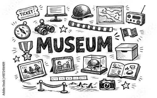 Doodle illustration of museum artifacts and exhibits with the word museum
