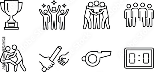Sport teamwork and competition concept icons with trophy, group cheering, relay race, referee whistle, score board and athletes symbols