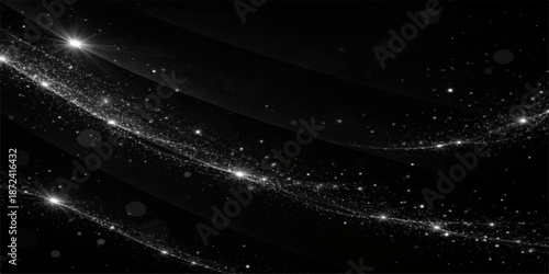 An abstract dark night sky background featuring bright blue galaxy stars and a white nebula pattern across the black space cosmos