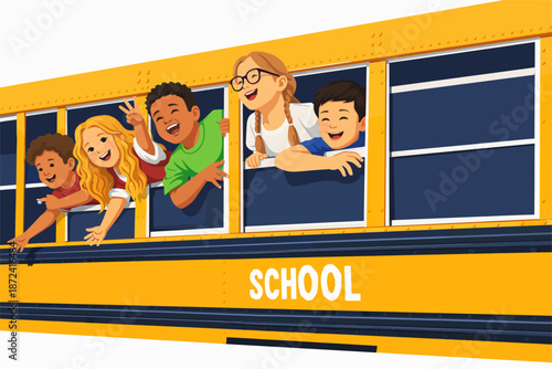 Energetic students waving joyfully from the windows of the school bus.