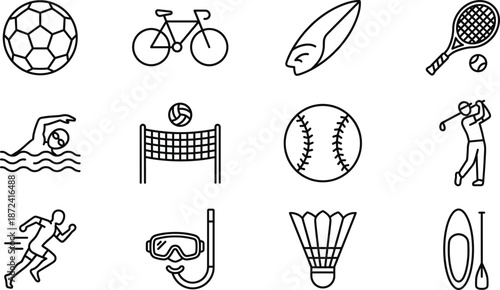 Sport activity icons set with running, swimming, tennis, cycling, volleyball, baseball, golf, badminton, kayaking and snorkeling equipment illustrations